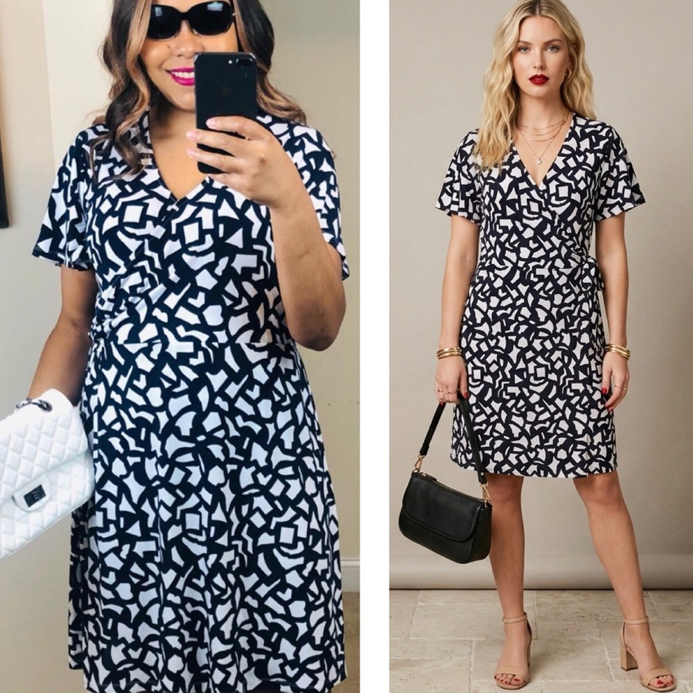 SUSAN GRAVER Geometric Navy Blue & White Faux Wrap Mini Statement Art Deco Dress